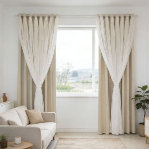 Beige Double Layer Grommet Curtains 2pcs Sheer Overlay Window Drapes Neutral Home Curtain for Bedroom Living Room