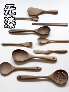 ธรรมชาติ 100ไม่ทาสีไม้วอลนัทสีดำเครื่องใช้บนโต๊ะอาหารด้ามยาว น่ารัก ช้อนข้าวช้อนซุปทำอาหารใช้ในบ้านส้อม