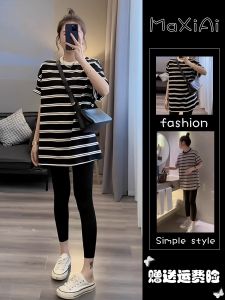 Pregnant Womens Summer Suit New Arrival K-style Stripes Loose and Simple Tops Plus Size T-shirt Fashion Two-piece Set Summer