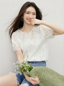 HOPESHOW | Lace Hollow Out Bubble Sleeve Round Neck Sweet Summer Set