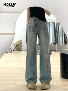 Retro Hole Wide Leg Denim Jeans Women Summer New Large Size Pear Shape High Waist Cover Hip Slim Straight Leg Pants