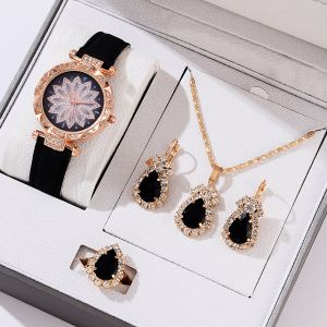 5PCS Set watch for women waterproof Wrist Watch Gift for Women Fashion Rings necklace 18k saudi gold necklace pendant Ladies Watch set with jewelry Women Casual Watches Simple Leather watch for women sale original Luxury diamonds earrings set wedding