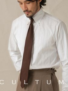 Cultum Mens Long Sleeve Casual Shirt Luxury Business Cotton Piqué Neck Button Shirt Texture Stripe Slim Fit Autumn Wear