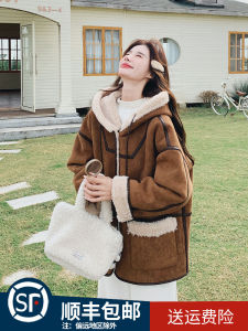 Brown Double-Sided Wear Lamb Fur Jacket Womens Hooded Thickened Winter New Design Faux Leather Fur Integrated Coat