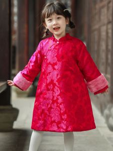 Childrens Cheongsam Cotton Lined Loose Long Robe Skirt Little Girl Pink Winter New Years Clothing Ceremony Dress