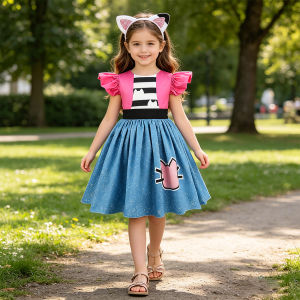 Kids Gabby Inspired Princess Dress with Cat Ear Headband Sparkly Cat Print Party Gown Girls Birthday Party Fancy Dress