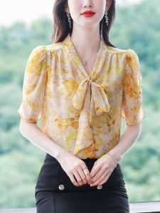 Áo Sơ Mi Chiffon in Họa Tiết Thời Trang Mùa Hè Mới Cho Nữ Áo Chui Đầu Cổ Chữ V Tay Lửng Dáng Rộng Che Bụng