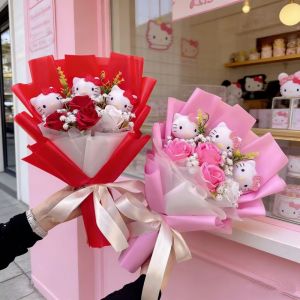 Sanrio | Hello Kitty With Artificial Roses Flowers Creative Handmade Bouquet New Year Birthday Valentine Christmas Graduation Gift