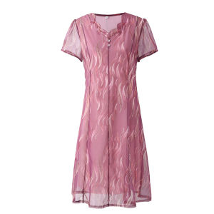 New Summer Fashion Midi Dress for Mom: Short Sleeve Chiffon Skirt Large Size 50 Women's Clothing