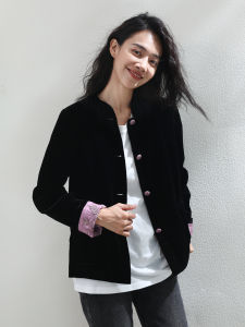 Miccbeirn | New Chinese Style Velvet Jacket With Embroidery Small Stand Collar Button Up Black Shiny Sequins Heavy Work Ladies Outerwear