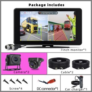 2 Channel DVR Record Backup Camera Kit BSD 7" Monitor Pedestrian Detection Blind Spot Alarm Dash Cam Reversing for Truck Bus RV