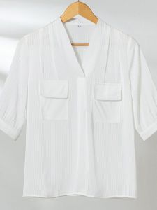 Loose Striped V-neck Pocket Short Sleeve Shirt by Da Hong Select Store White Pear Miss Casual Comfortable Fashion Womens Shirt