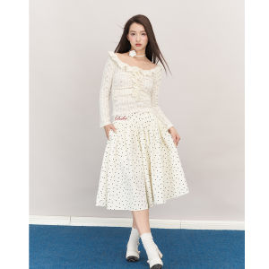 กระโปรงทรงเอผ้าฝ้ายผสมลายจุดสีขาวสีแดง Bambu สำหรับผู้หญิง กระโปรงยาวปานกลาง ทรงเข้ารูป ทรงเอ ทรงเข้ารูป