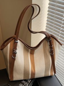 Trendy Striped Canvas Tote Bag for Women Large Capacity Single Shoulder Commuter Bag Underarm Fashion Versatile Shopping Bag