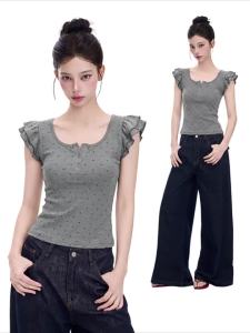 Grey Dots U-Neck Flutter Sleeve Short Slim Fit Waisted Summer Top