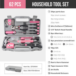 Hi-Spec | Hi-Spec 62pc Pink Home Tool Set with Multi-Layer DIY Toolbox - Professional Household Home Repair Kit & Women DIY Hand Tool Kit
