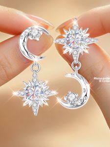East Beauty | Sterling Silver Moissanite Womens Star Moon Asymmetrical Earrings