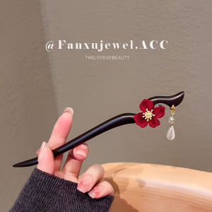 New Year Red Velvet Flower Hairpin Womens Ancient Chinese Style Sandalwood Hairpin Qipao Hair Clip Wedding Engagement Hair Accessories