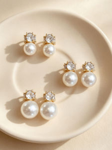 YISHU | Bông Tai Đá Zircon Bốn Mặt Viên Ngọc Trai Trắng Úc