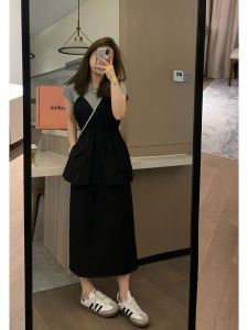 Veee Design Sensation Functional Style Slimming V-Neck Drawstring Black Yamamoto Long Cake Dress High Waist Midi Skirt