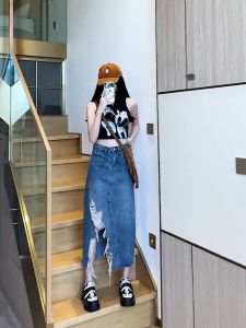 Mrs. Huang Shop 💫 กระโปรงยีนส์ยาวเอวสูง แต่งรอยขาดผ่าข้าง สไตล์เกาหลีทรงสวยเข้ารูป วินเทจ 💕