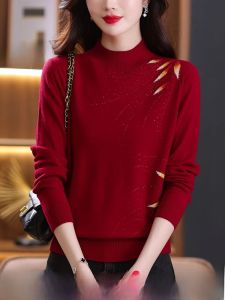 เสื้อสเวตเตอร์ถักคอปกสูงแบบหลวมๆ สำหรับผู้หญิง 100% เส้นด้ายขนสัตว์ ฤดูใบไม้ร่วง/ฤดูหนาว สีแดง เสื้อชั้นในถักขนสัตว์