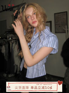 Uena American Retro College Style Short Sleeve Shirt Wood Grain Edge Bubble Short Length Slim Fit Top Womens Fashion Shirt