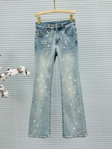 High Waist Bell Bottom Denim Jeans Womens Spring Autumn New Style Rhinestone Butterfly Knot Stretch Cotton Blend Blue Jeans