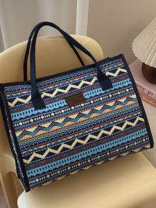 2025 New Large Capacity Canvas Tote Bag for Commuting Work Handheld Mommy Bag Retro Print Double Strap Shoulder Bag