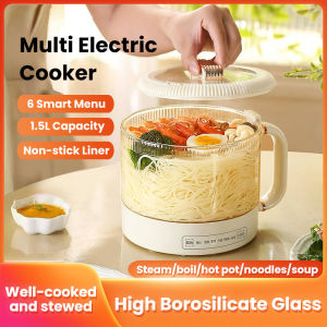 [COD] Multi-Function Electric Cooker 1.5L Mini Electric Pot Non-Stick High Borosilicate Glass Material Multi Cooker With Steamer For Home or School
