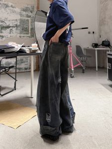 Washed Heavy Duty Mens Jeans Casual Loose Wide Leg Pants Torn Hole American Style Bodpeople Brand Summer Collection