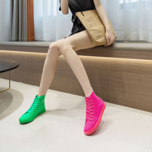 Casual High Top Canvas Shoes round Toe Elastic Candy Purple Womens Flat Bottom Rubber Sole Comfortable All Match Summer New