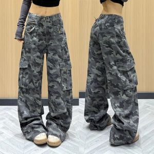 Retro Camouflage Work Pants Womens Spring Autumn Loose Slimming Floor-Length Trousers Multiple Pockets Ladies Casual Workwear