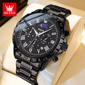 OLEVS Men Casual Watches Fashion Business Luminous Waterproof Calendar Multi-function Day And Night Phase Dial Original Stainless Steel Strap Mens Quartz Watch