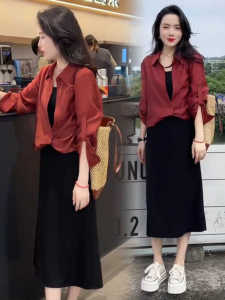 Early Autumn Long Sleeve Shirt Dress Set Womens Fashionable Ageless High Waist A-Line Skirt Two-Piece Suit Korean Style Commute