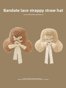 WEIAI | Lace Butterfly Knot Straw Hat Womens Summer Foldable Large Brim Sun Hat Beach Vacation Beach Sun Protection Cap Casual Style