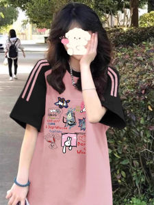 เสื้อยืดคอกลมแขนสั้นผ้าฝ้ายแท้สำหรับผู้หญิงในช่วงฤดูร้อน สไตล์ลำลอง สไตล์ย้อนยุค สไตล์อเมริกัน ทรงหลวม แขนยาว ลายการ์ตูน