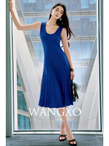 WANGXO | Đầm Drape Ôm eo Trơn Cổ chữ U Không Tay