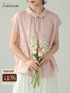 Original Pink Short Sleeve Linen Shirt Womens Loose Top Summer Japanese Style Artistic Casual Sweet round Neck Shirt