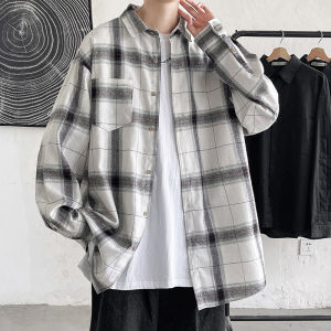 Big Sale Leak-Picking Spring and Autumn 2023 Trendy Ins Casual Thin Mens Jacket Hong Kong Style Loose Shirt Gingham Long Sleeves