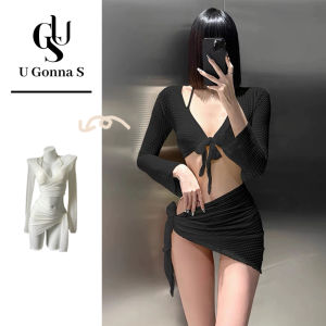 ชุดว่ายน้ำบิกินี่ชุดสวมใส่ชายหาดเซ็กซี่สำหรับผู้หญิง4ชิ้น2024สไตล์ใหม่พร้อมปกปิดแขนยาวเอวสูงน่ารักแฟชั่นกีฬายืดได้