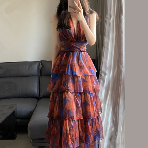 Bohemian Long Dress Womens Vacation Beachwear Neck Hanging Skirt Sweet Style High Waist Print Gown Summer Season No Sleeve