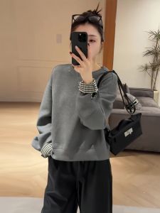 Korean Style Plaid Sleeve Patchwork Sweatshirt Womens Casual Loose Top Spring Autumn New Arrival Fashion Commute
