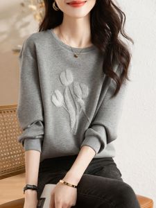 เสื้อฮู้ดแขนยาวผ้าฝ้ายแท้ปักลายแบรนด์ Outlet Casual Early Autumn Base Shirt เสื้อตัวบนแฟชั่นสำหรับผู้หญิง