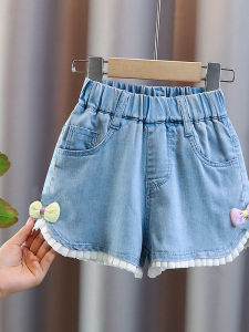 Girls Summer Thin Denim Shorts Child Outerwear Floral Edge Three-quarter Length Trousers Cool Mid-waist Elastic Waistband