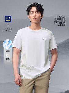 Áo Thun Nam Cổ Tròn in Họa Tiết Núi Tay Ngắn Mùa Hè HLA Áo Thun Nam Phong Cách Trung Hoa Thường Ngày Bằng Vải Cotton Polyester