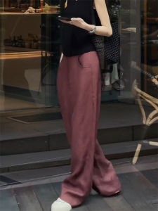 Retro Red Linen Casual Pants Autumn New Large Size Pear Shape Small Height Drapey Ice Silk Wide Leg Pants High Waist Long Pants
