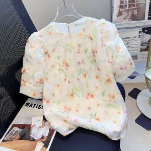 Big Sale Leak-Picking ~ Summer French Hand-Painted Orange Flower Short-Sleeved Chiffon Shirt for Women Heavy Industry Beads Floral Western Style Tops