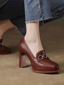 Brown Leather High Heels Womens Spring 2025 Fashionable Versatile Deep Mouth Waterproof Platform Thick Heel Single Shoes