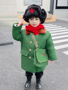 เสื้อแจ็คเก็ตทหารคอตตอนหนาสำหรับเด็กผู้ชายและเด็กผู้หญิง เสื้อคลุมกันหนาวแบบยาวปานกลาง สีเขียวทหาร ทรงหลวม แขนยาว ปกตั้ง